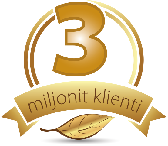 Natural Pharmaceuticals VitaSolaris® D3 Kuldne embleem, millel on suur number 3 ja kiri „3 miljonit klienti”. Numeri all on kuldne lint ja leht dekoratiivse elemendina.