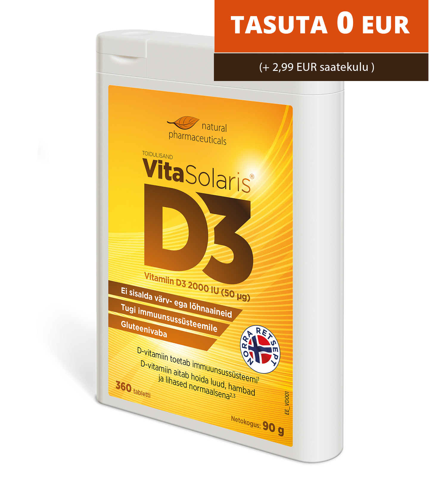Natural Pharmaceuticals VitaSolaris® D3 Toidulisandi VitaSolaris® D3 D3 (2000 IU, 50 µg) pakend, mis sisaldab 360 D3-vitamiini tabletti. 
          Graafika ülaosas on bänner kirjaga „TASUTA 0 EUR” ja lisandiga „(+ 2,99 EUR saatukulu)”.