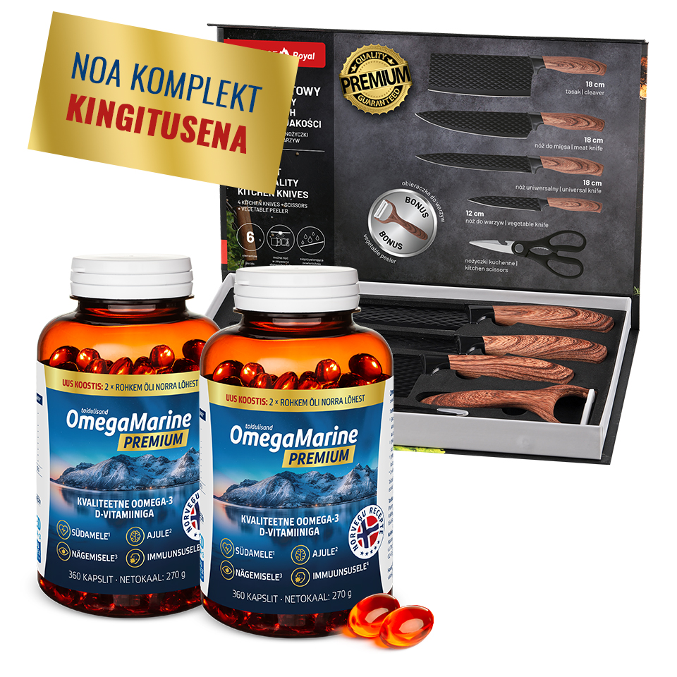 Natural Pharmaceuticals VitaSolaris® D3 Kaks OmegaMarine Premium toidulisandit omega-3 kapslitega ja D-vitamiiniga, kõrval elegantne roosa-kuldne kell kaunistatud kristallidega. Kollasel bänneril kiri: „KÄEKELL EHTSA TEEMANTIGA TASUTA!”.