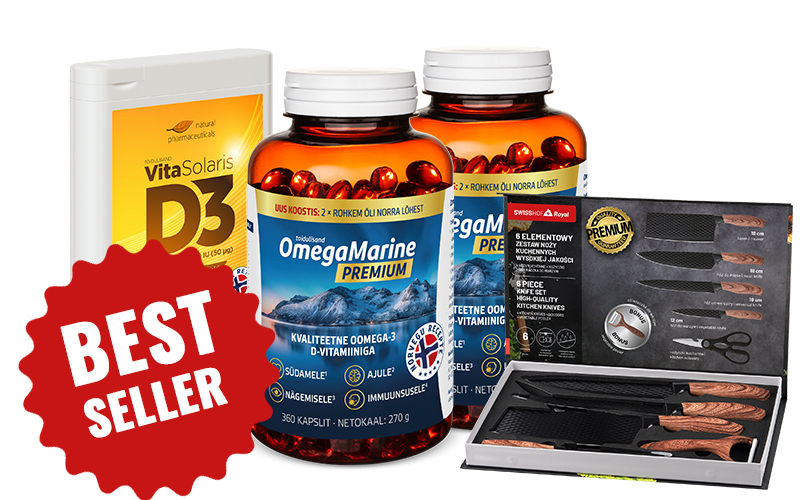 Natural Pharmaceuticals VitaSolaris® D3 Bestseller-toidulisandite komplekt: VitaSolaris® D3 D3-vitamiini pakend ja kaks OmegaMarine Premium purki omega-3-rasvhapete ja D-vitamiiniga. Kõrval on näha elegantne kuldne-roosa naiste käekell kaunistatud kristallidega. Punasel sildil on kiri „BEST SELLER”.