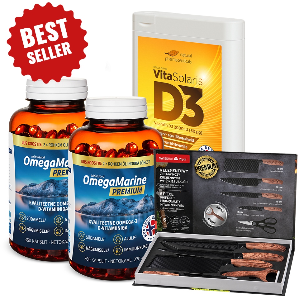 Natural Pharmaceuticals VitaSolaris® D3 „Bestseller-toidulisandite komplekt: VitaSolaris® D3 D3-vitamiini pakend ja kaks OmegaMarine Premium purki omega-3-rasvhapete ja D-vitamiiniga. Kõrval on näha elegantne kuldne-roosa naiste käekell kaunistatud kristallidega. Punasel sildil on kiri „BEST SELLER”.