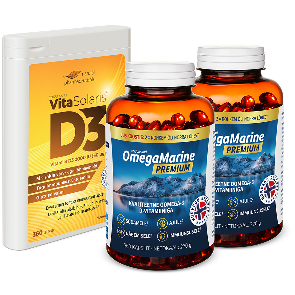 Natural Pharmaceuticals VitaSolaris® D3 Vitasolaris D3 vitamiini ja OmegaMarine Premium kapslid kvaliteetse oomega-3 ja D-vitamiiniga immuunsusele, südamele ja nägemisele.