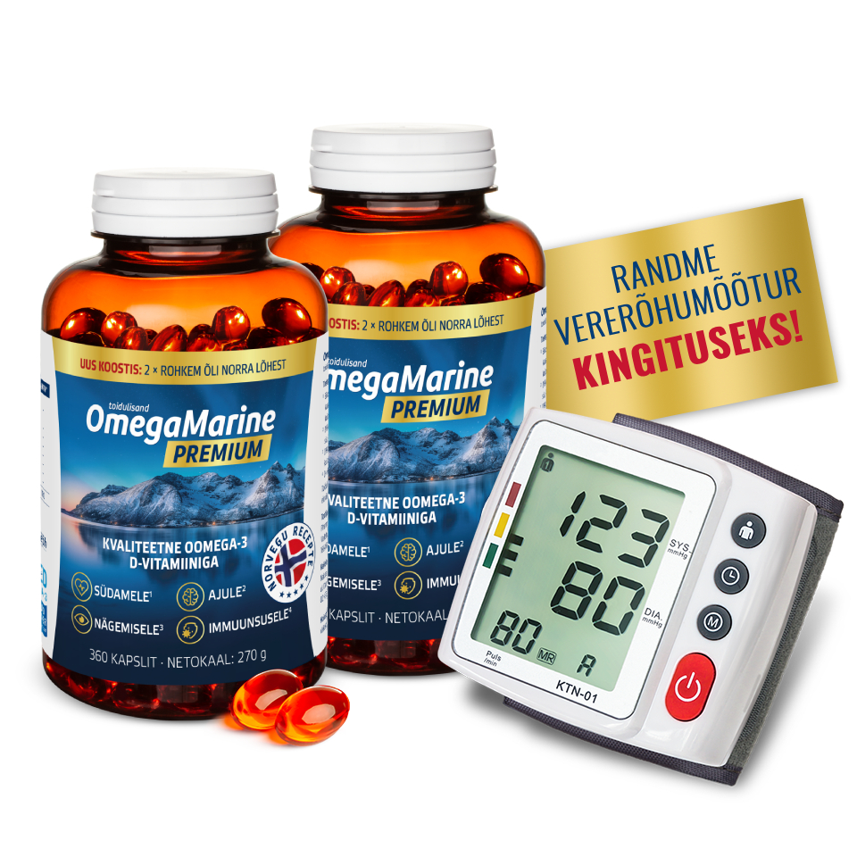 Natural Pharmaceuticals VitaSolaris® D3 Kaks OmegaMarine Premium toidulisandit omega-3 kapslitega ja D-vitamiiniga, kõrval elegantne roosa-kuldne kell kaunistatud kristallidega. Kollasel bänneril kiri: „KÄEKELL EHTSA TEEMANTIGA TASUTA!”.