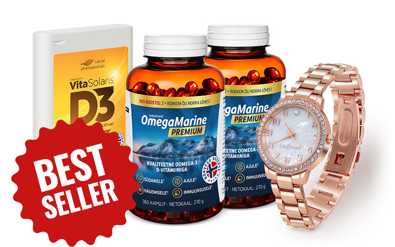 Natural Pharmaceuticals VitaSolaris® D3 Bestseller-toidulisandite komplekt: VitaSolaris® D3 D3-vitamiini pakend ja kaks OmegaMarine Premium purki omega-3-rasvhapete ja D-vitamiiniga. Kõrval on näha elegantne kuldne-roosa naiste käekell kaunistatud kristallidega. Punasel sildil on kiri „BEST SELLER”.