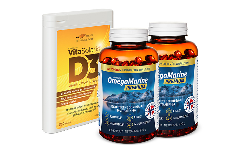 Natural Pharmaceuticals VitaSolaris® D3 Kolm toidulisandi pakendit: üks valge VitaSolaris® D3 D3 pakend (360 tabletti, vitamiin D3 2000 IU) ja kaks pruuni OmegaMarine Premium purki (igaüks 360 kapslit) Norra lõheõli ja vitamiin D-ga. Etikettidel on teave toodete kasulikkuse kohta südamele, ajule, nägemisele ja immuunsüsteemile.