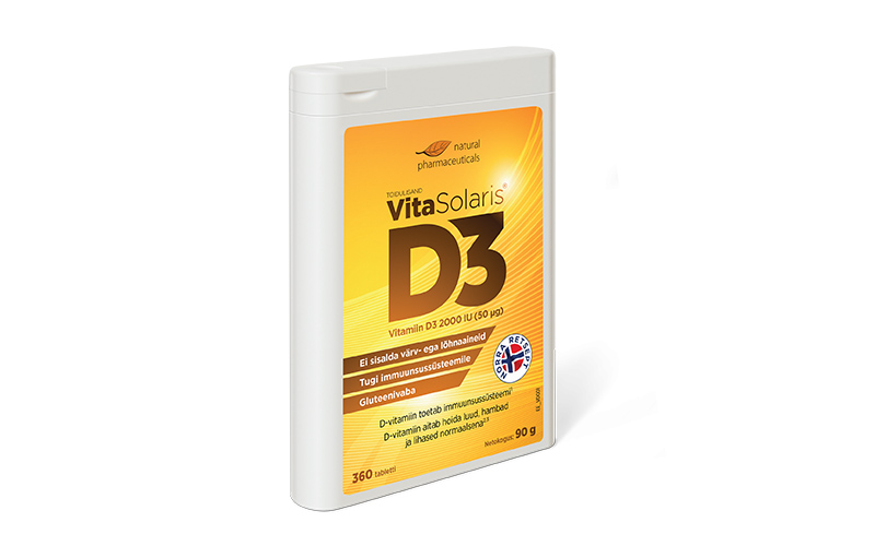 Natural Pharmaceuticals VitaSolaris® D3 Natural Pharmaceuticals toidulisandi VitaSolaris® D3 D3 pakend. Sisaldab 360 D3-vitamiini tabletti (2000 IU / 50 µg). Pakendil on rõhutatud: ei sisalda värvaineid ega lõhnaaineid, toetab immuunsüsteemi, gluteenivaba toode.